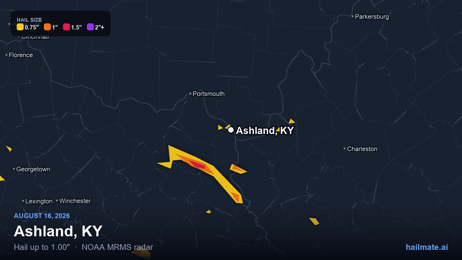 Hail swath map for Ashland, KY on August 16, 2026 showing 1.00 inch hail.