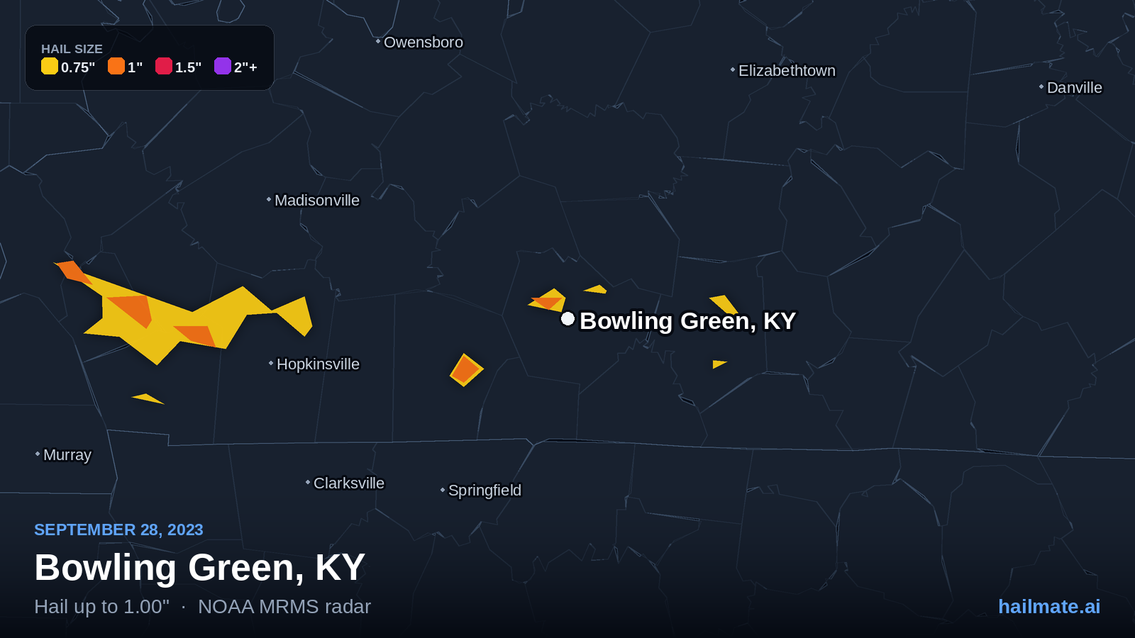 Hail swath map for Bowling Green, KY on September 28, 2023 showing 1.00 inch hail.