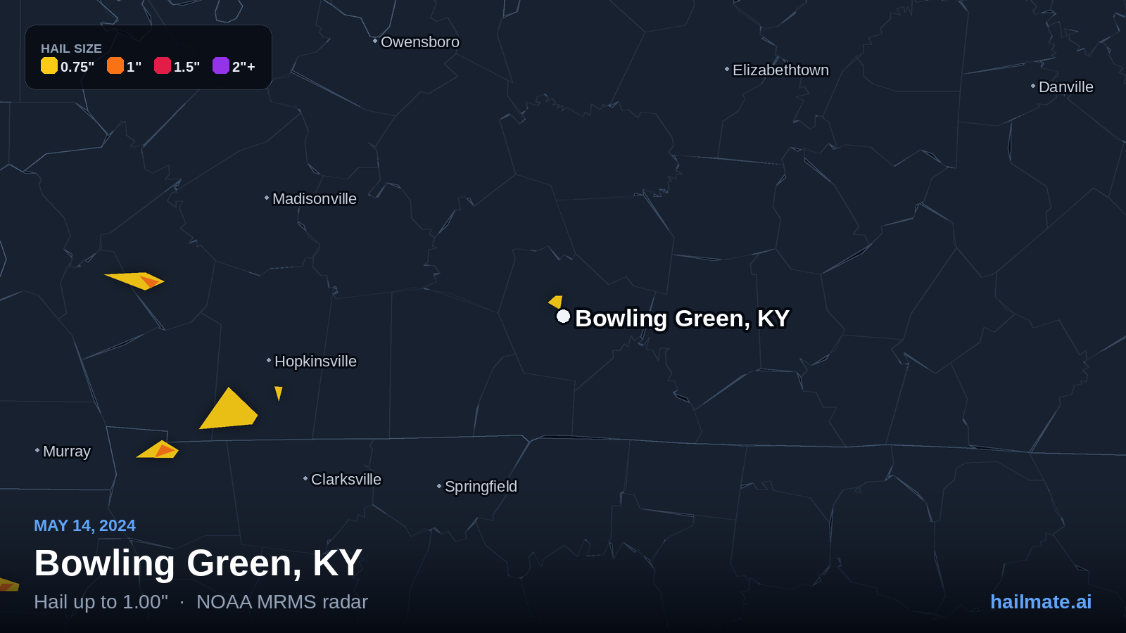 Hail swath map for Bowling Green, KY on May 14, 2024 showing 1.00 inch hail.