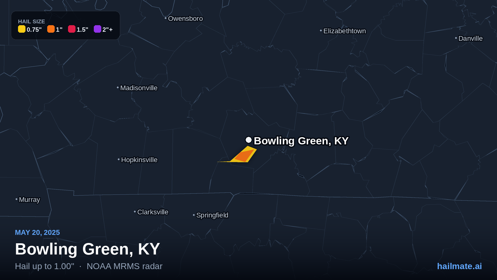 Hail swath map for Bowling Green, KY on May 20, 2025 showing 1.00 inch hail.