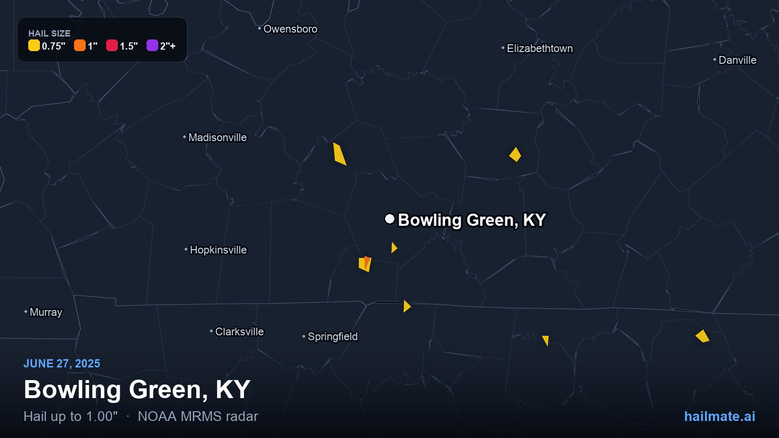 Hail swath map for Bowling Green, KY on June 27, 2025 showing 1.00 inch hail.