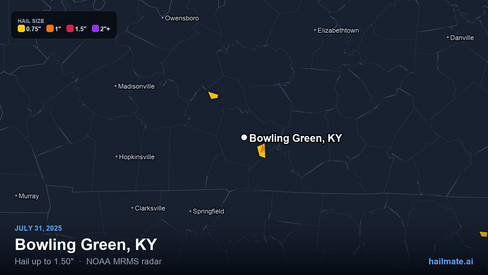 Hail swath map for Bowling Green, KY on July 31, 2025 showing 1.50 inch hail.