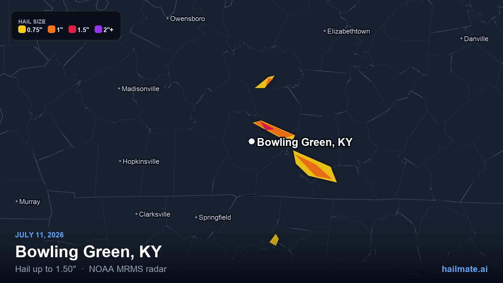 Hail swath map for Bowling Green, KY on July 11, 2026 showing 1.50 inch hail.