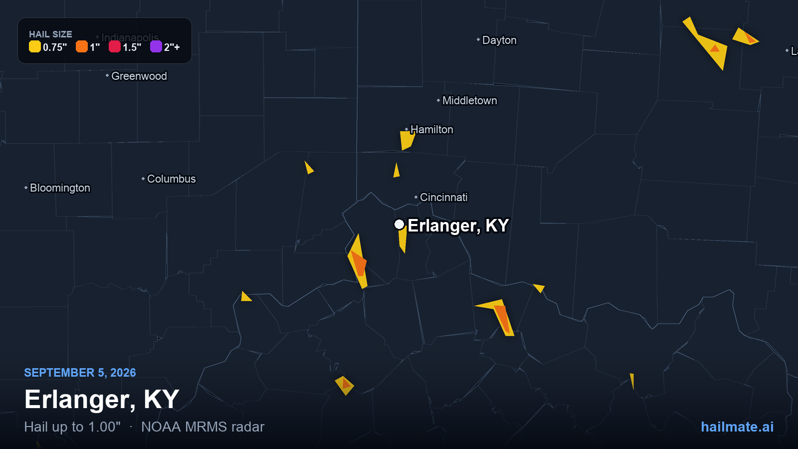 Hail swath map for Erlanger, KY on September 5, 2026 showing 1.00 inch hail.