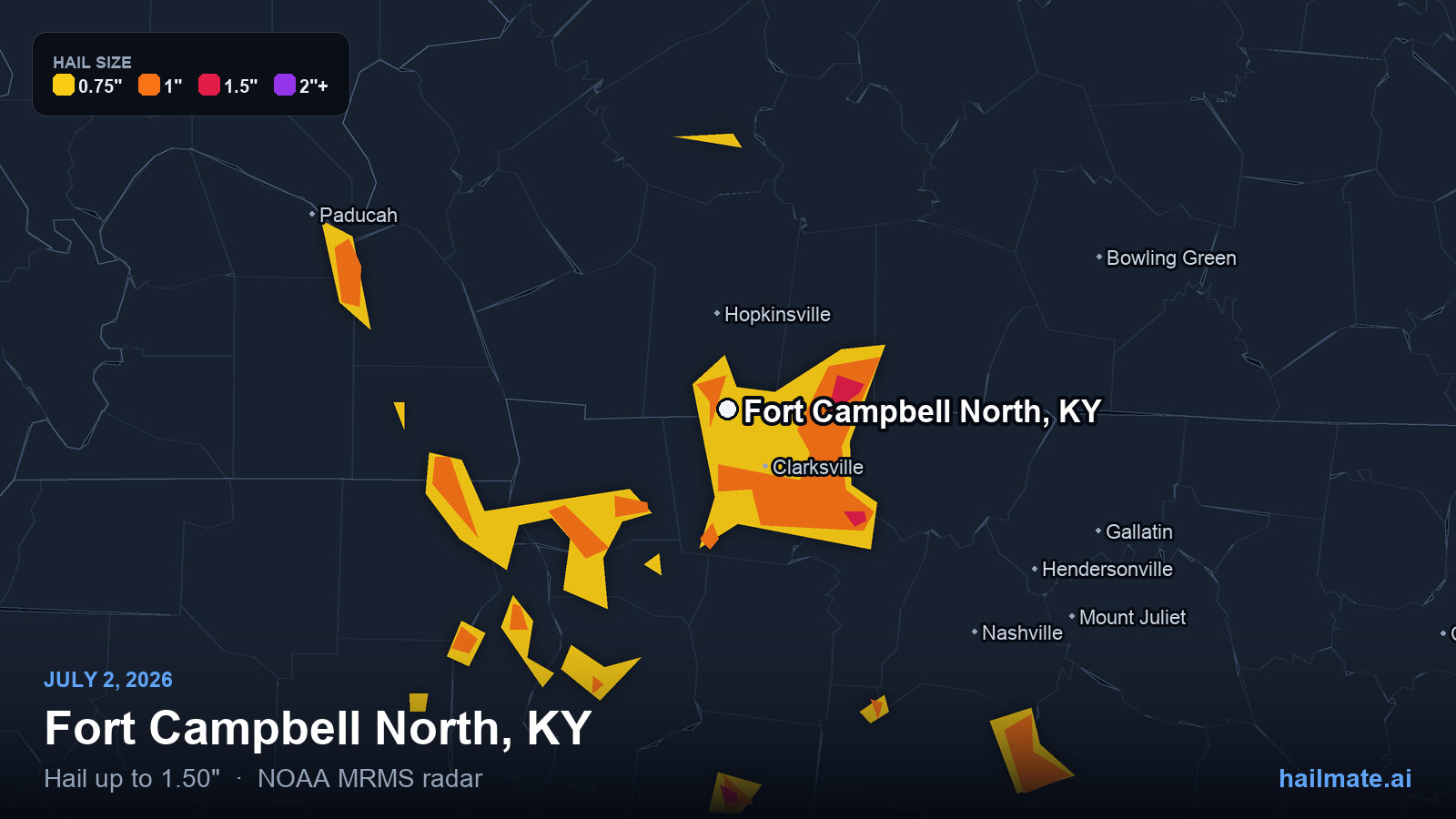 Hail swath map for Fort Campbell North, KY on July 2, 2026 showing 1.50 inch hail.