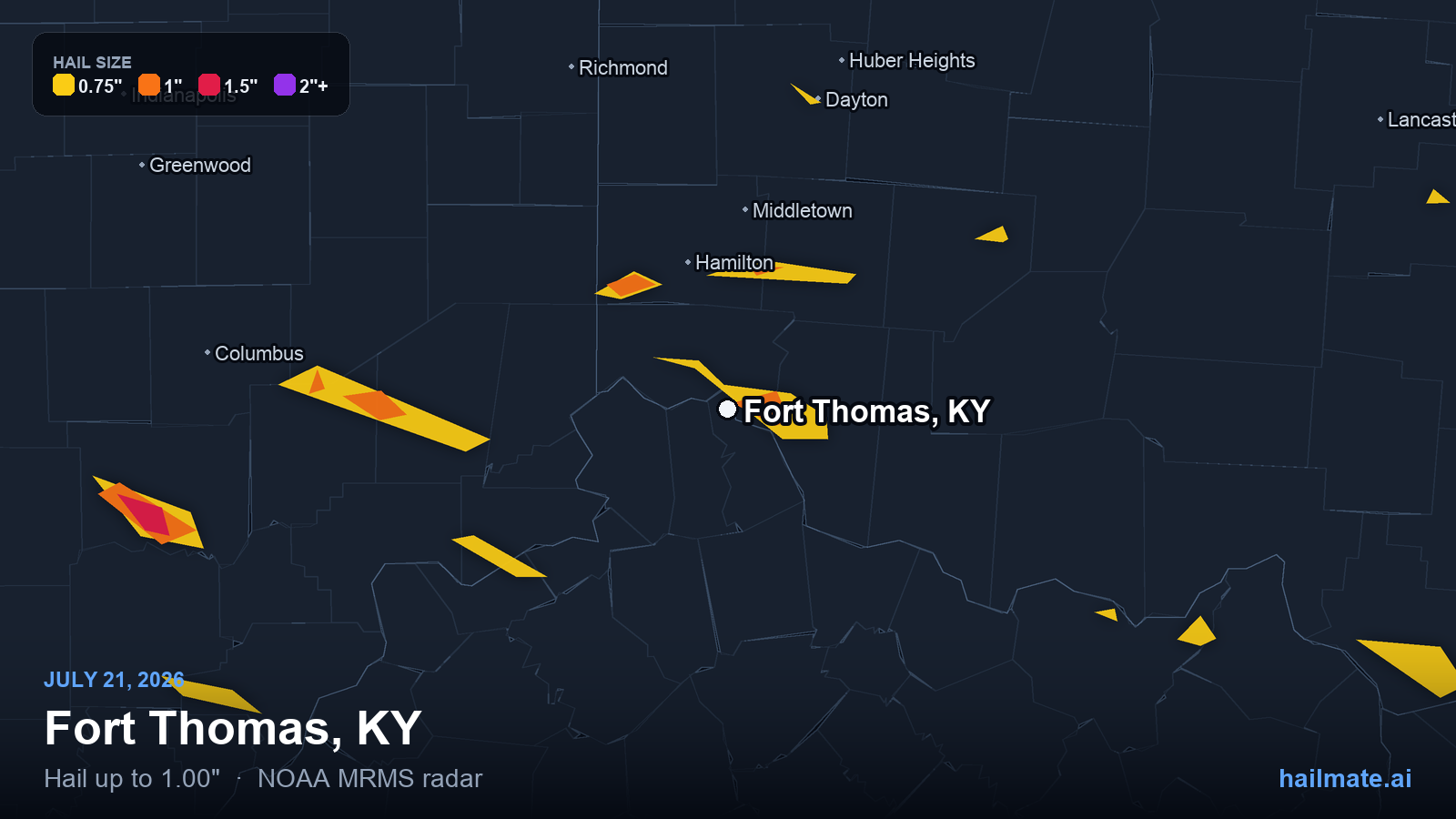 Hail swath map for Fort Thomas, KY on July 21, 2026 showing 1.00 inch hail.