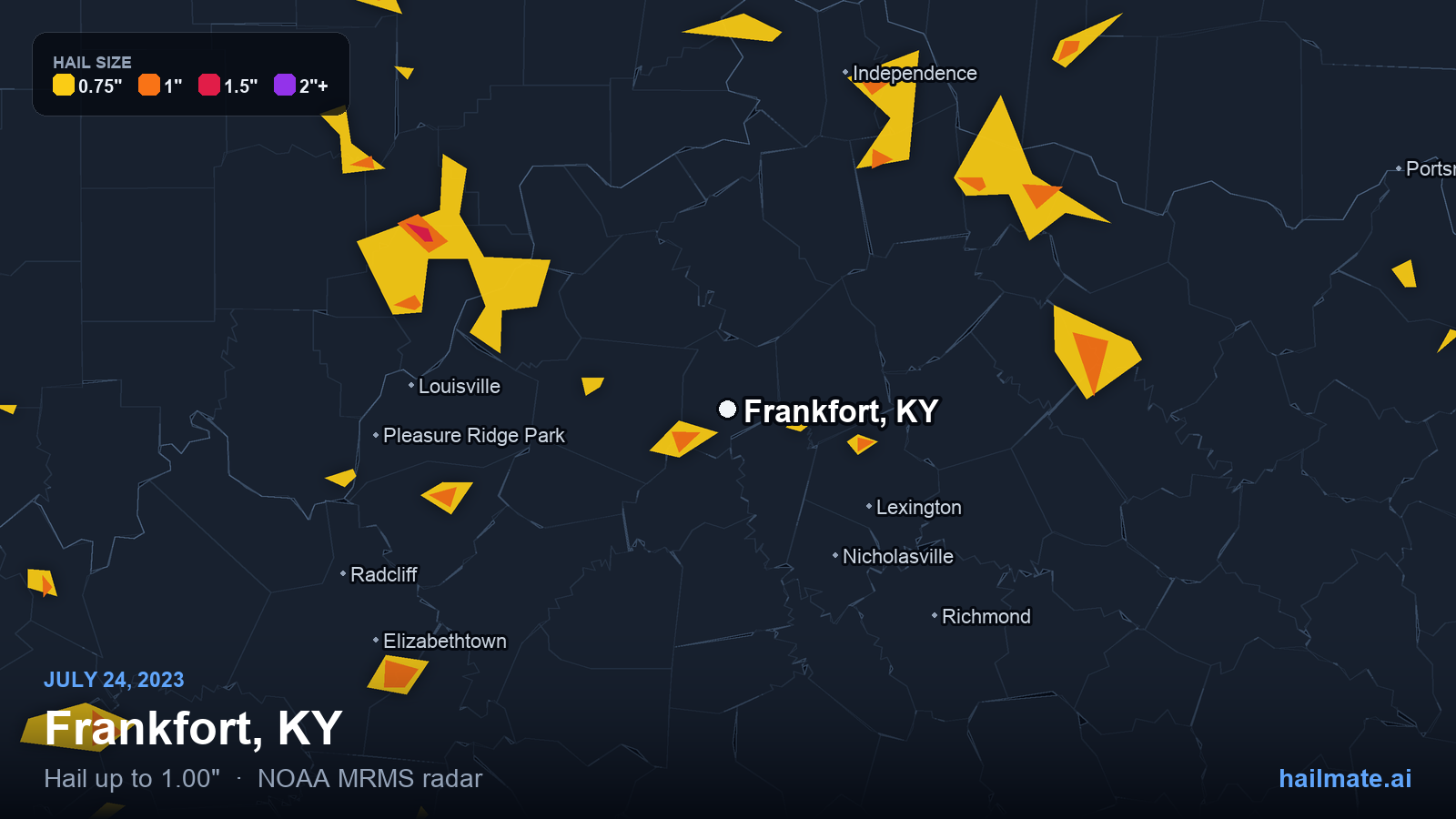 Hail swath map for Frankfort, KY on July 24, 2023 showing 1.00 inch hail.