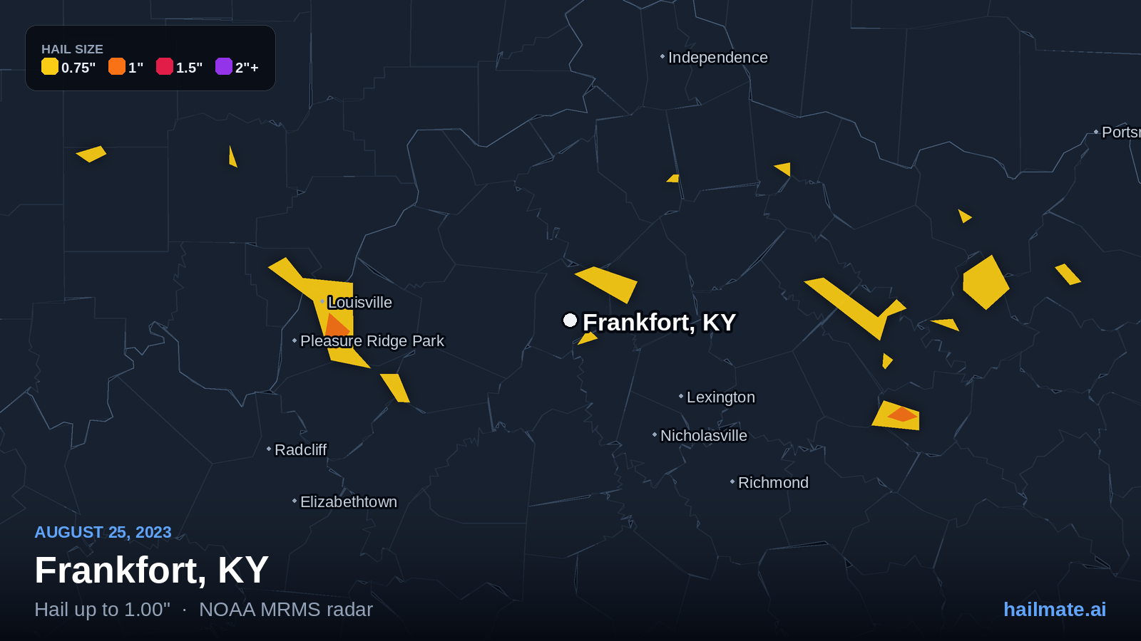 Hail swath map for Frankfort, KY on August 25, 2023 showing 1.00 inch hail.