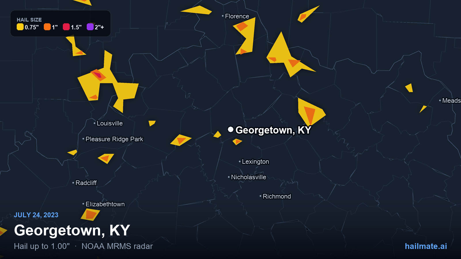 Hail swath map for Georgetown, KY on July 24, 2023 showing 1.00 inch hail.