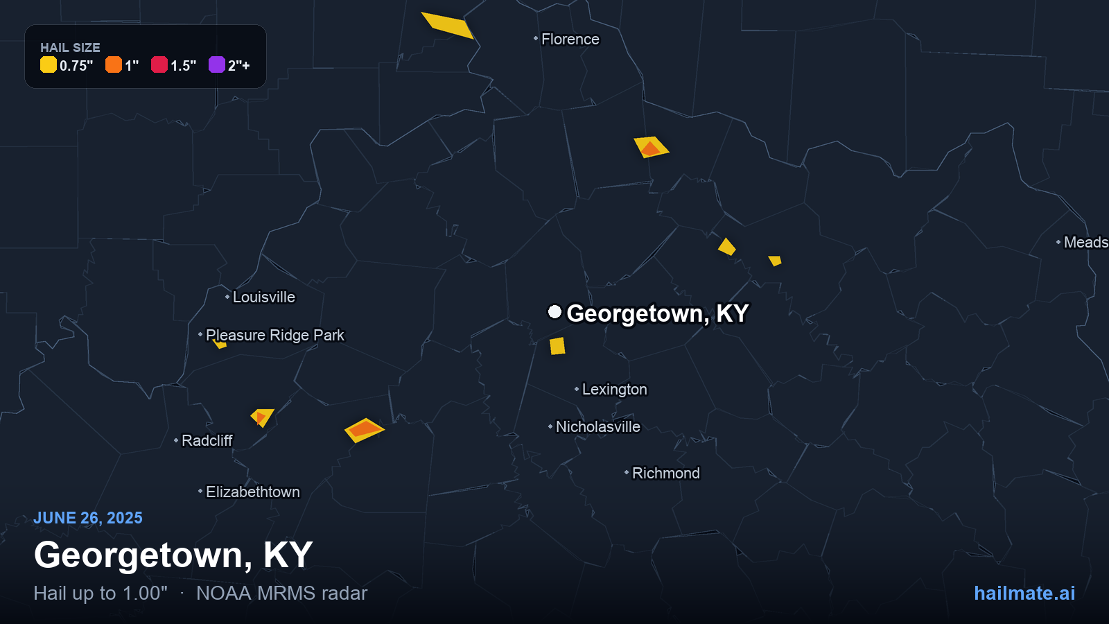 Hail swath map for Georgetown, KY on June 26, 2025 showing 1.00 inch hail.
