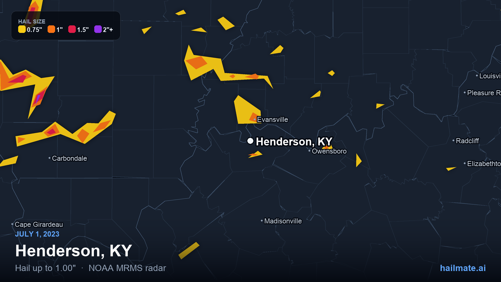 Hail swath map for Henderson, KY on July 1, 2023 showing 1.00 inch hail.