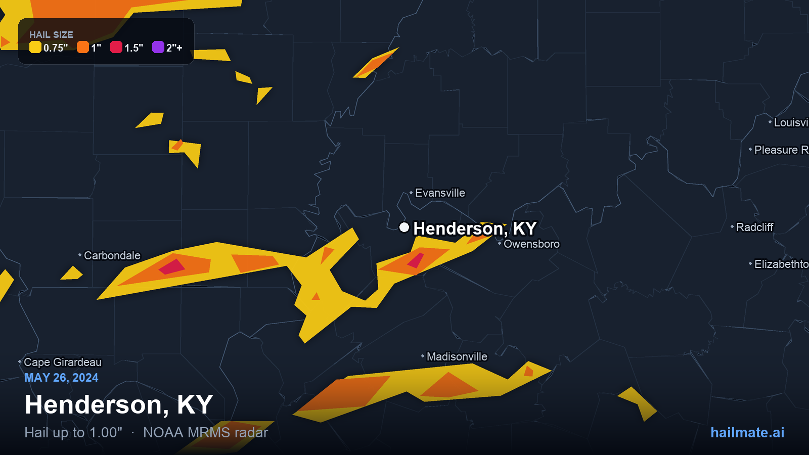 Hail swath map for Henderson, KY on May 26, 2024 showing 1.00 inch hail.