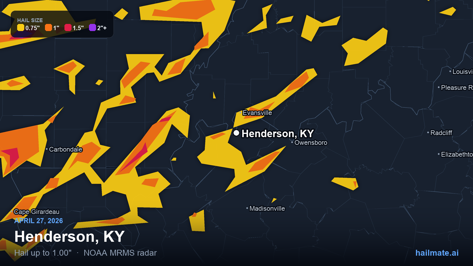 Hail swath map for Henderson, KY on April 27, 2026 showing 1.00 inch hail.