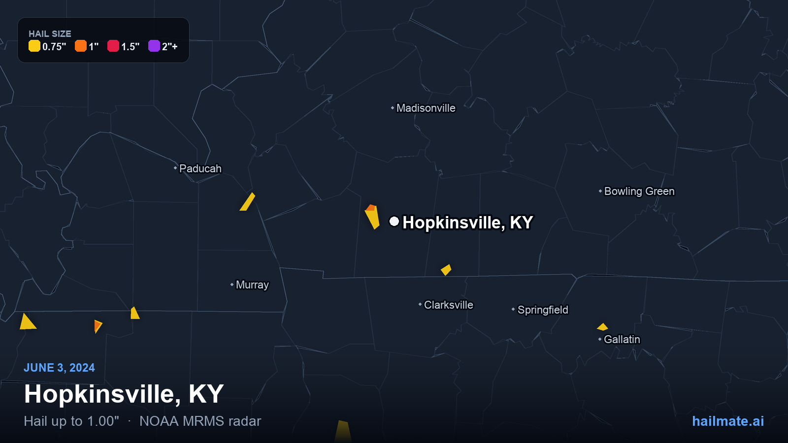 Hail swath map for Hopkinsville, KY on June 3, 2024 showing 1.00 inch hail.