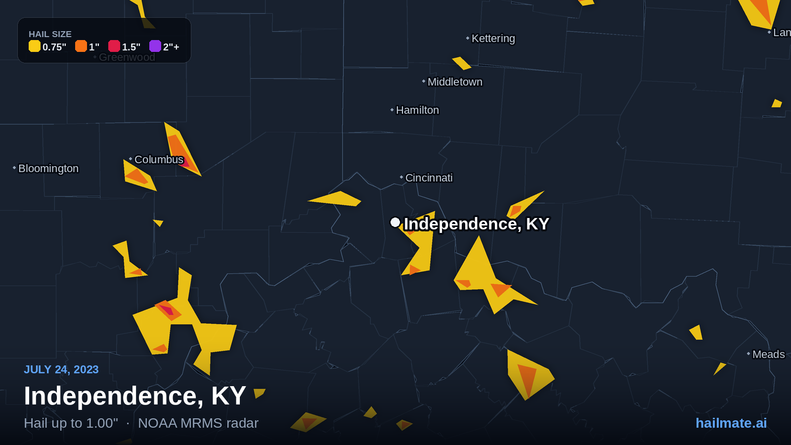 Hail swath map for Independence, KY on July 24, 2023 showing 1.00 inch hail.