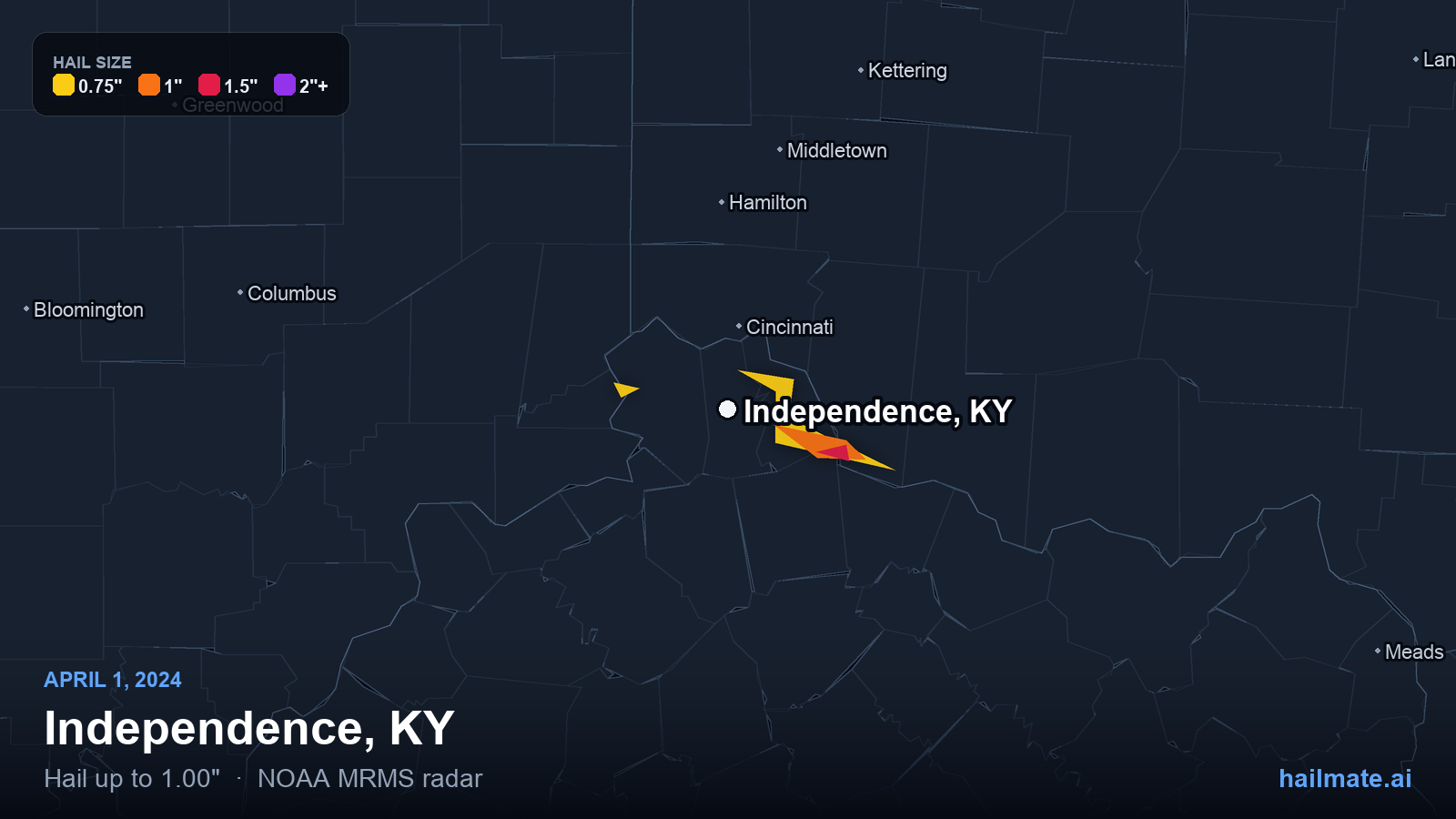 Hail swath map for Independence, KY on April 1, 2024 showing 1.00 inch hail.