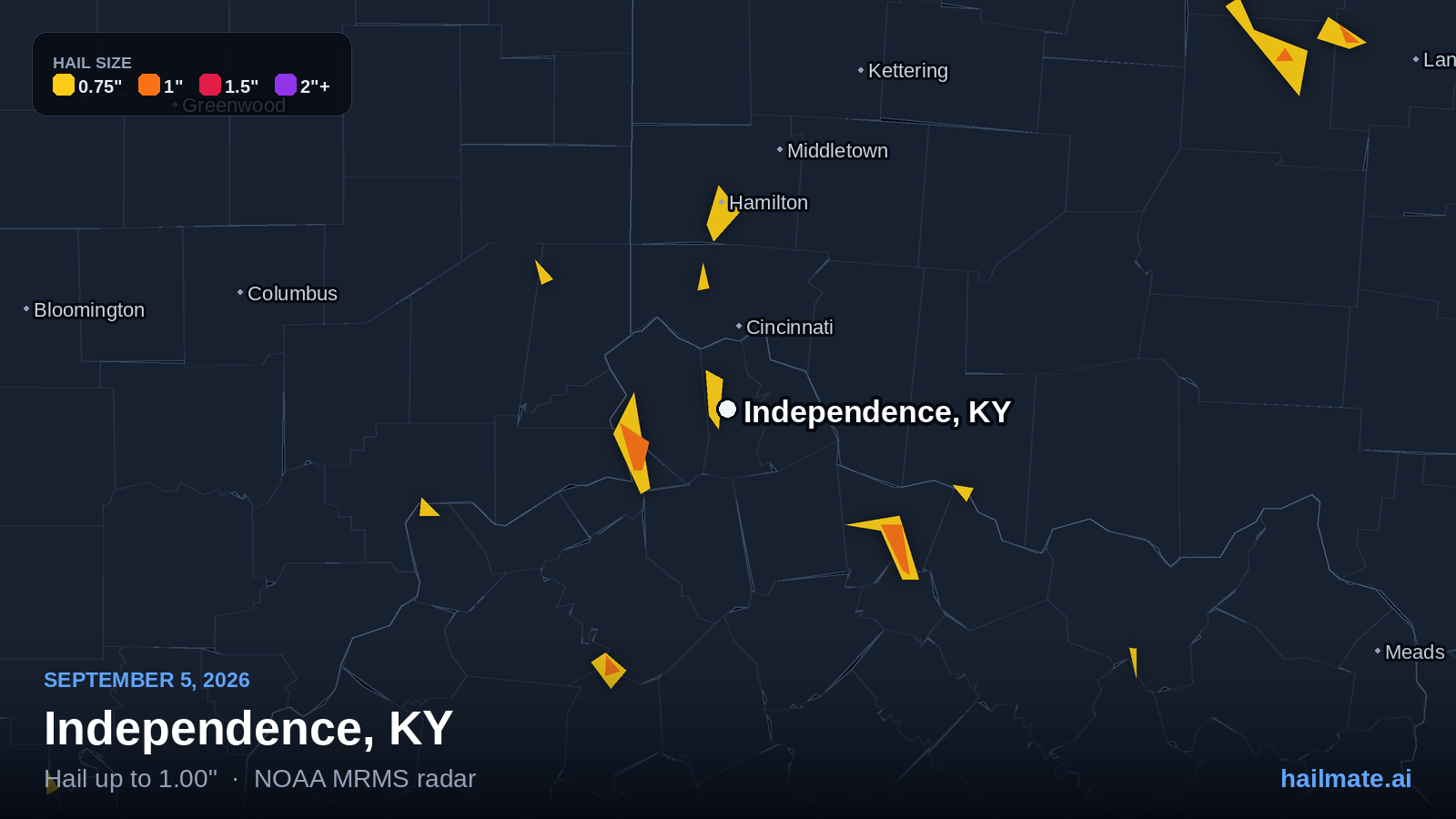 Hail swath map for Independence, KY on September 5, 2026 showing 1.00 inch hail.