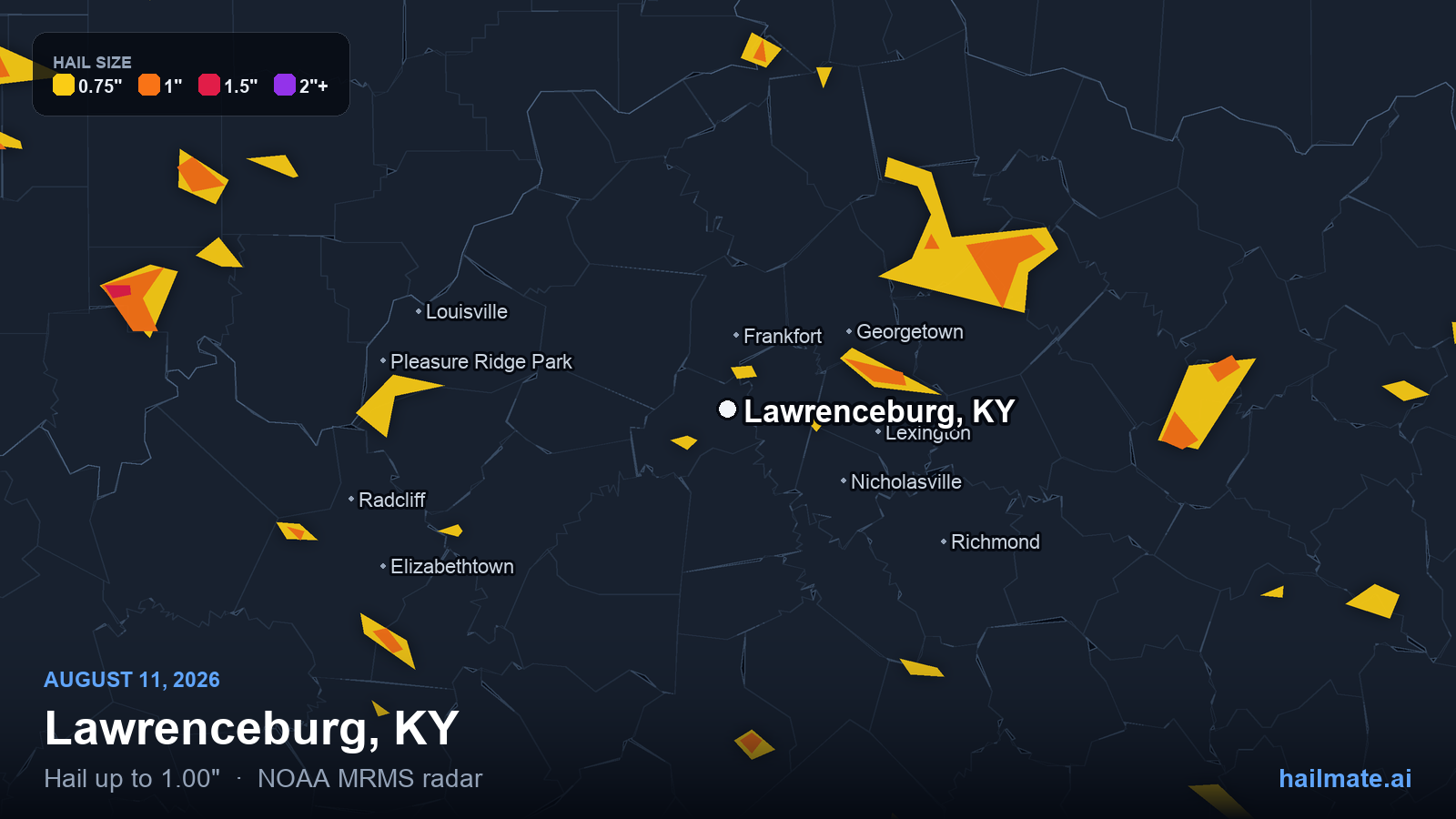 Hail swath map for Lawrenceburg, KY on August 11, 2026 showing 1.00 inch hail.