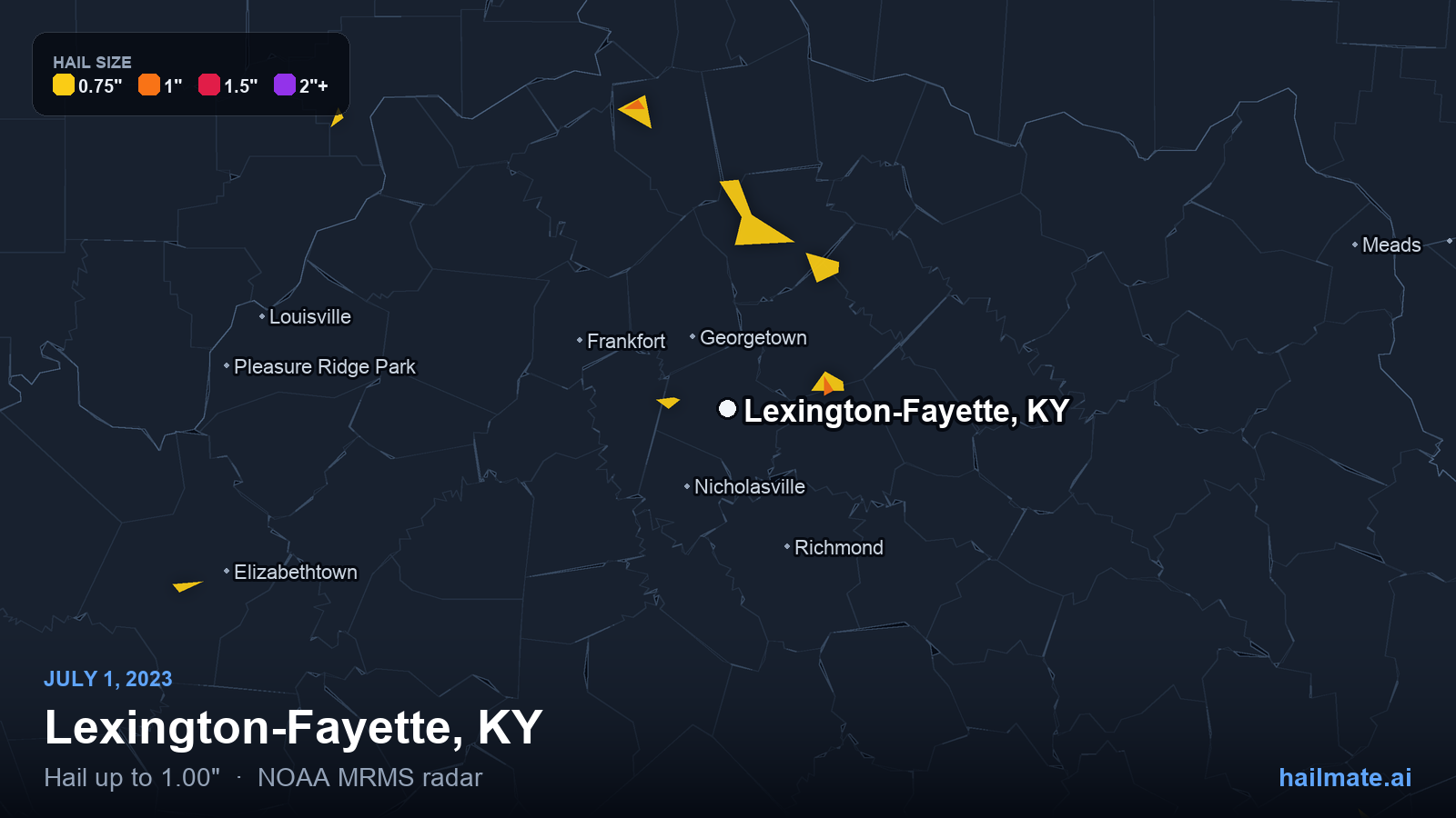 Hail swath map for Lexington-Fayette, KY on July 1, 2023 showing 1.00 inch hail.