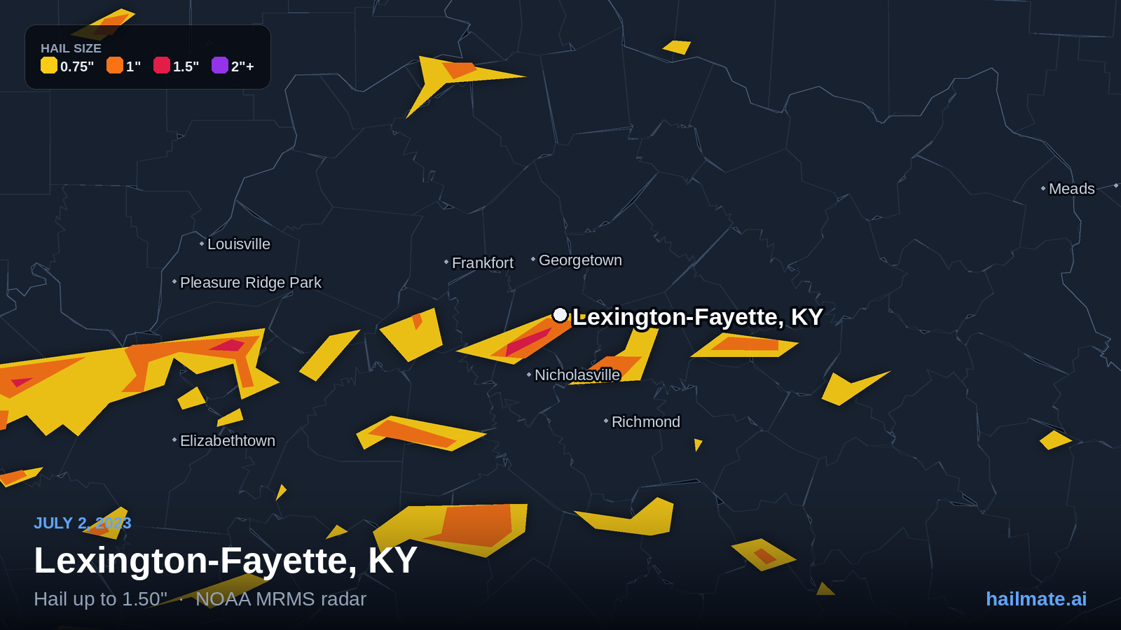 Hail swath map for Lexington-Fayette, KY on July 2, 2023 showing 1.50 inch hail.