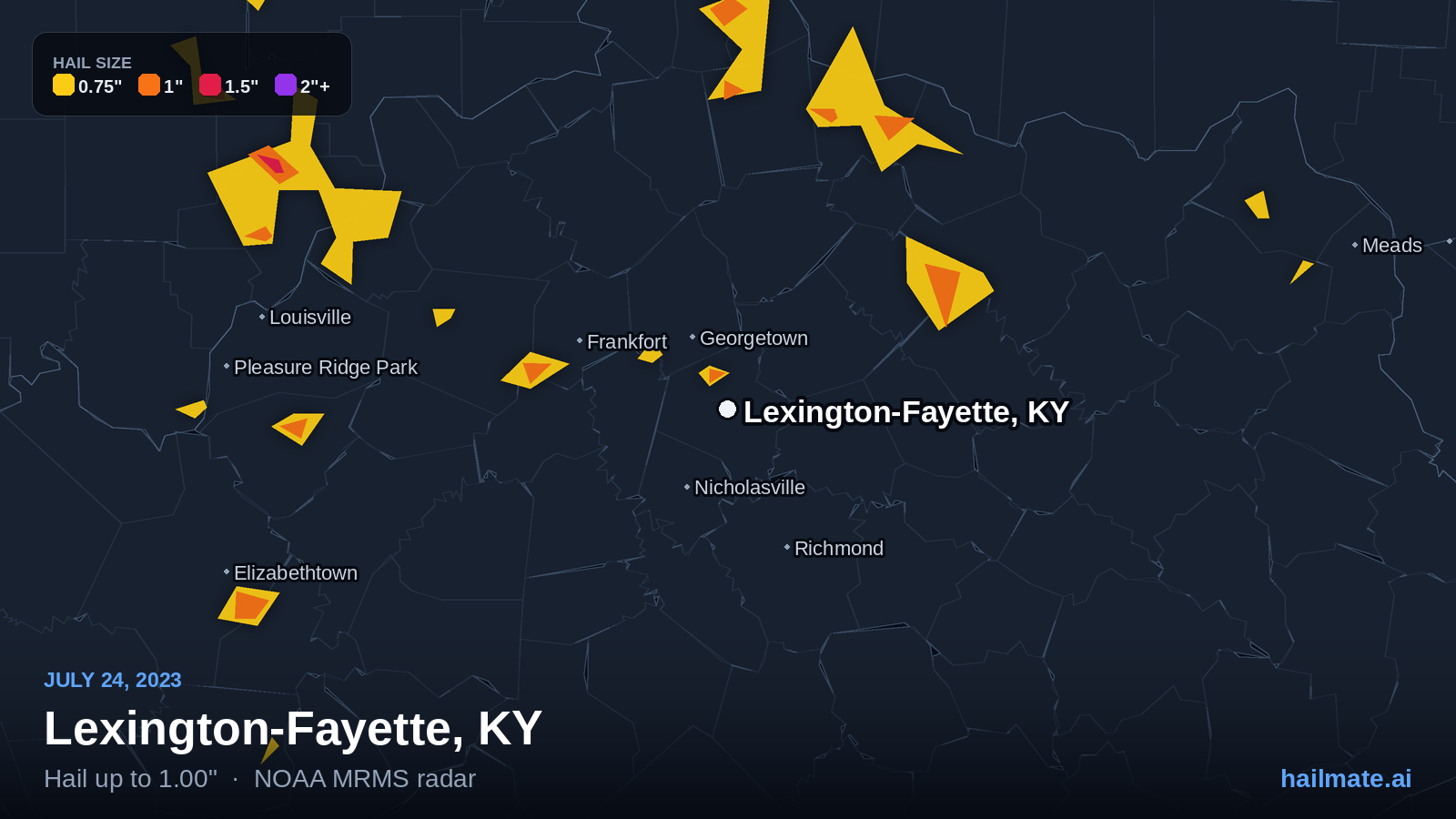Hail swath map for Lexington-Fayette, KY on July 24, 2023 showing 1.00 inch hail.