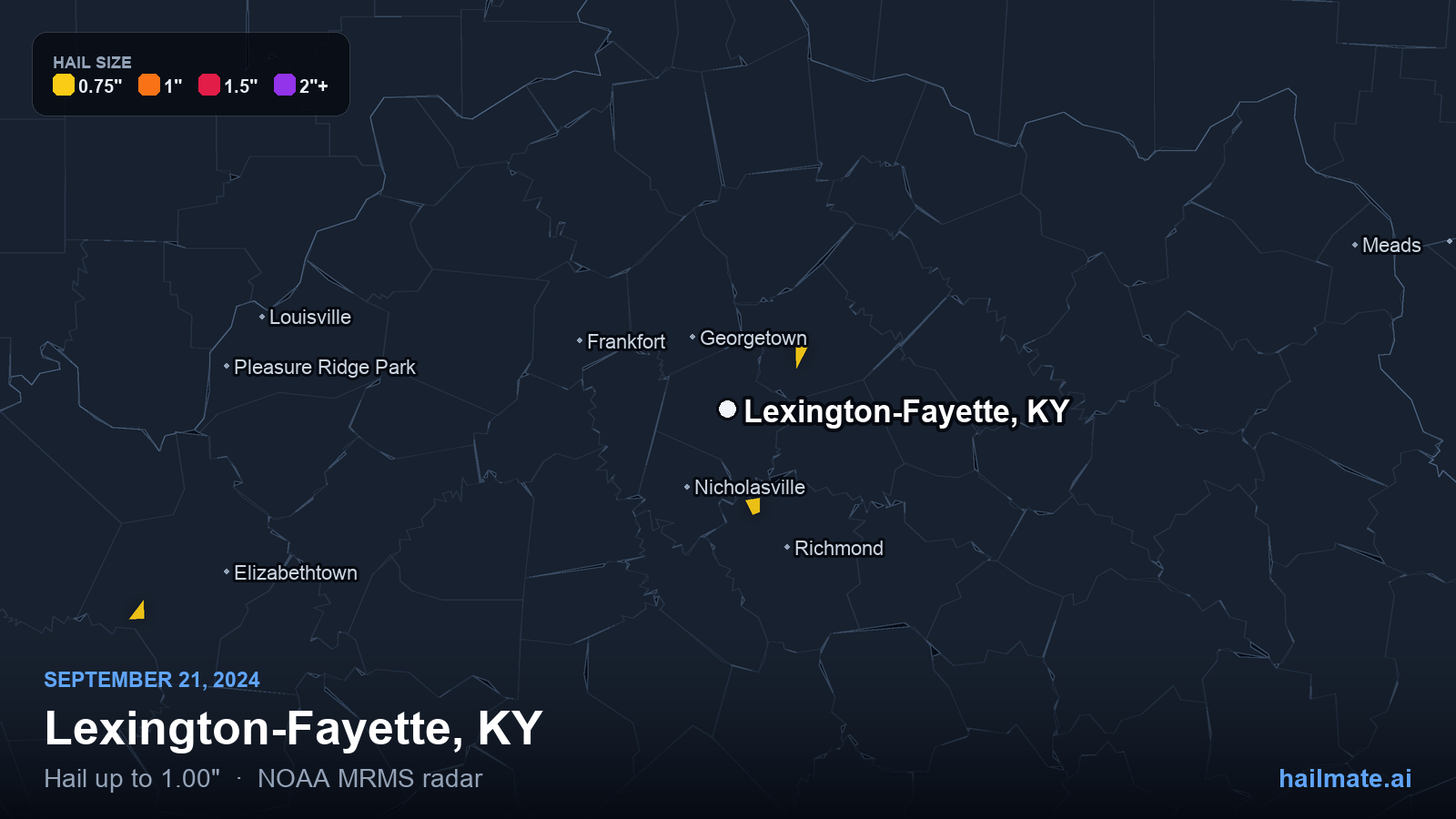 Hail swath map for Lexington-Fayette, KY on September 21, 2024 showing 1.00 inch hail.
