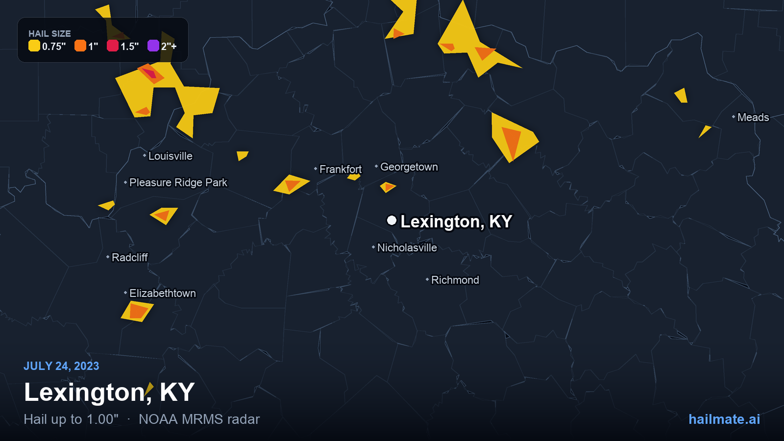 Hail swath map for Lexington, KY on July 24, 2023 showing 1.00 inch hail.