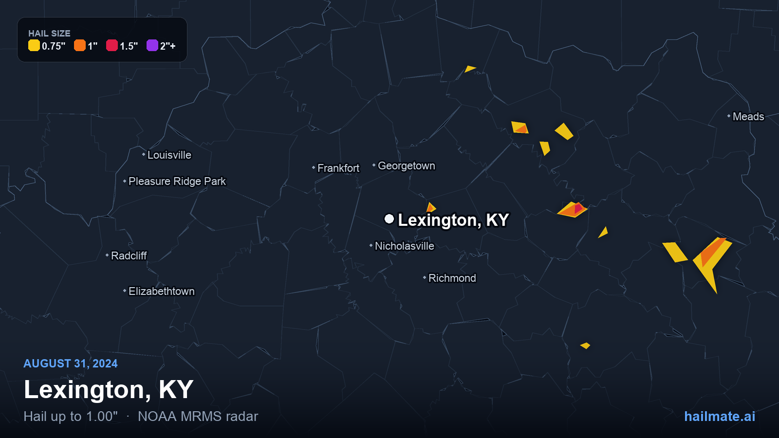 Hail swath map for Lexington, KY on August 31, 2024 showing 1.00 inch hail.