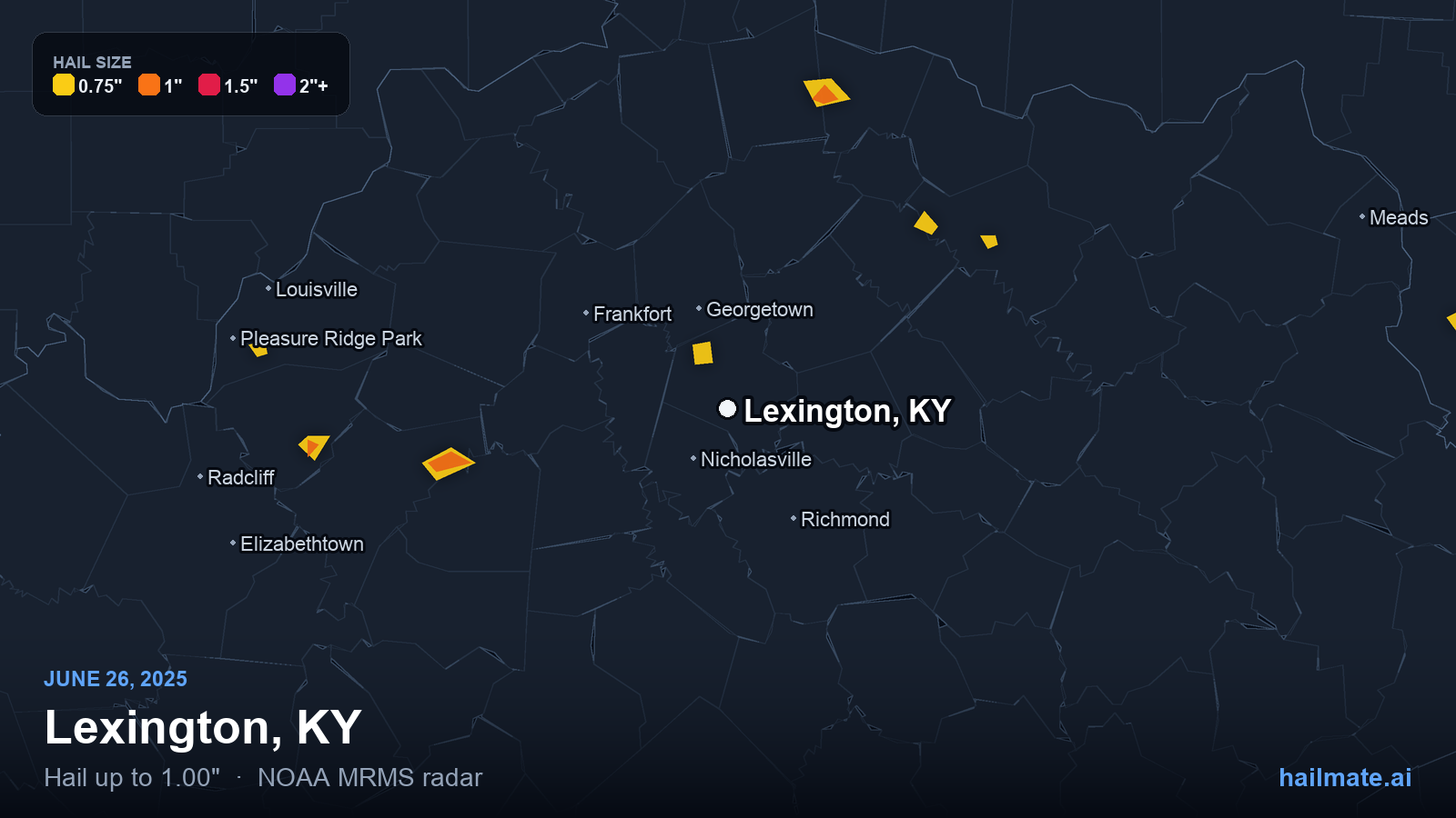 Hail swath map for Lexington, KY on June 26, 2025 showing 1.00 inch hail.