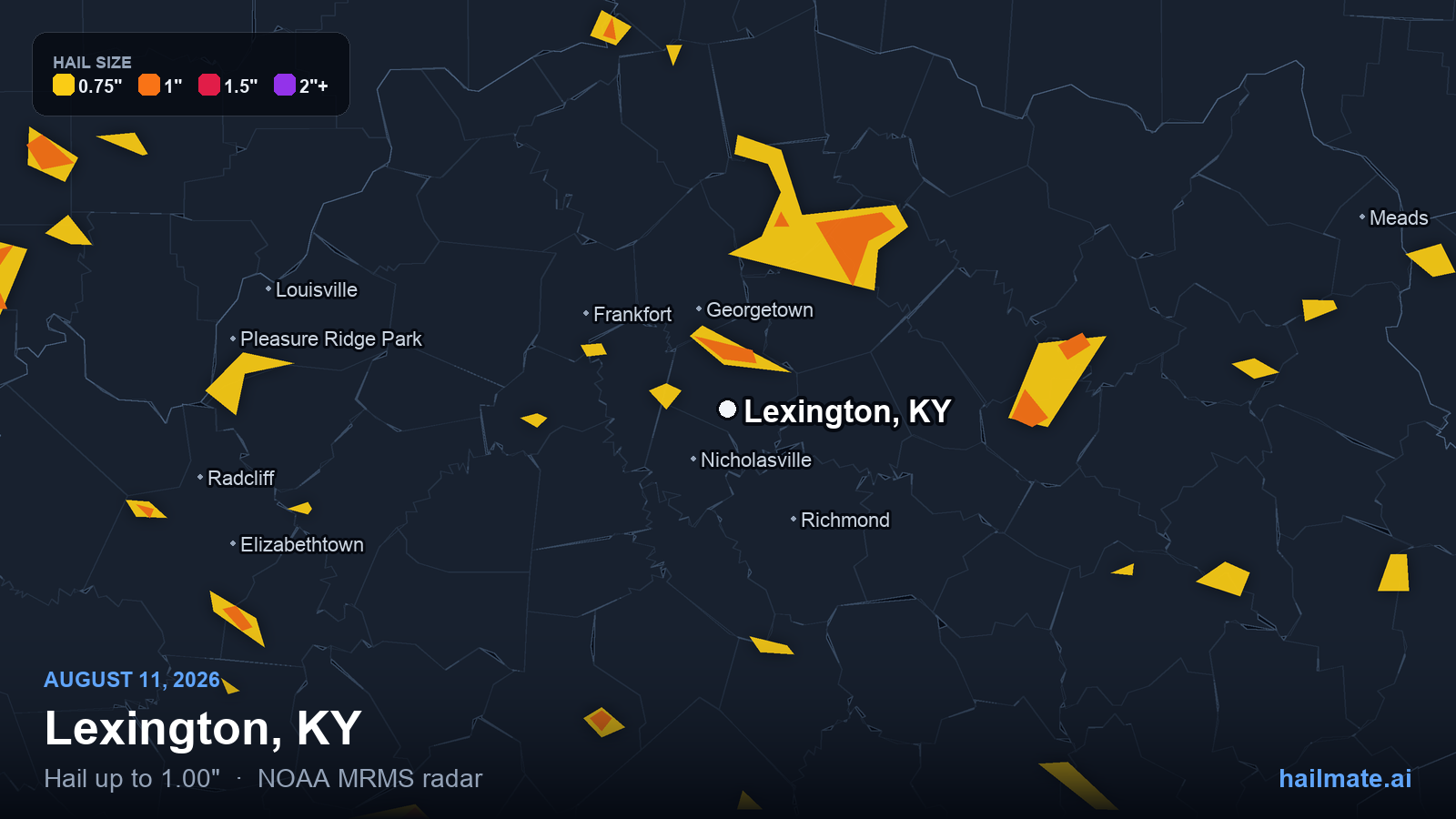 Hail swath map for Lexington, KY on August 11, 2026 showing 1.00 inch hail.