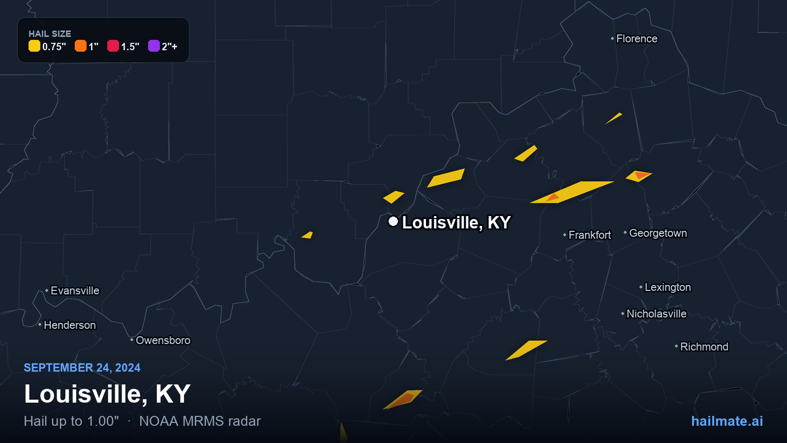 Hail swath map for Louisville, KY on September 24, 2024 showing 1.00 inch hail.