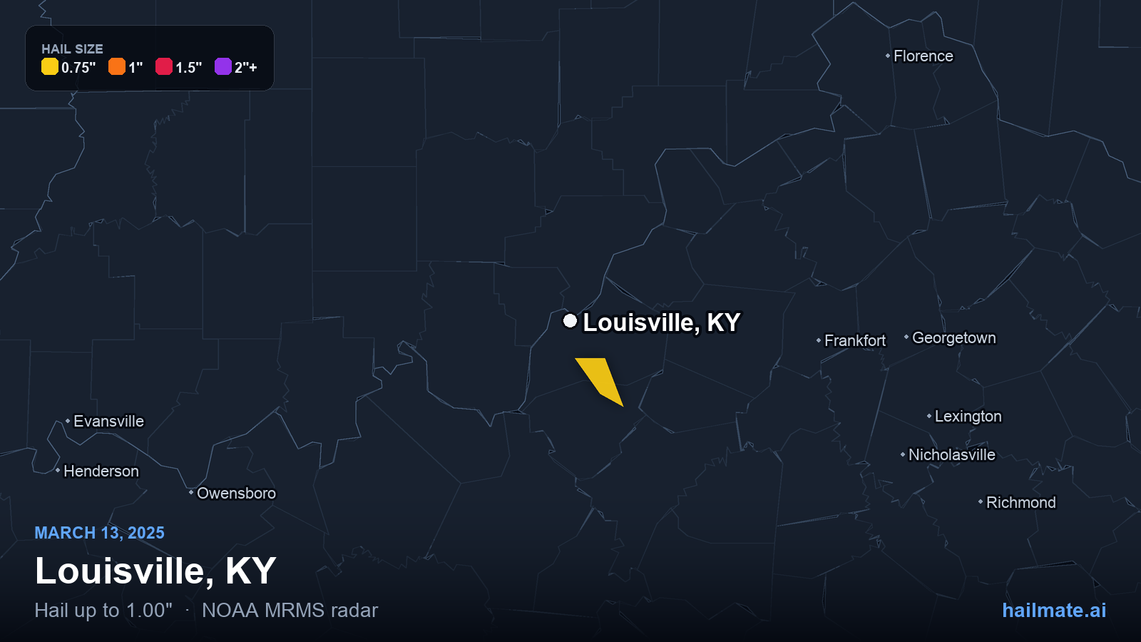 Hail swath map for Louisville, KY on March 13, 2025 showing 1.00 inch hail.