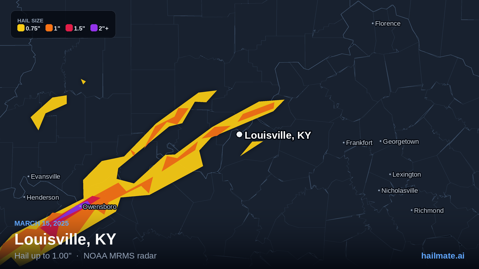 Hail swath map for Louisville, KY on March 15, 2025 showing 1.00 inch hail.