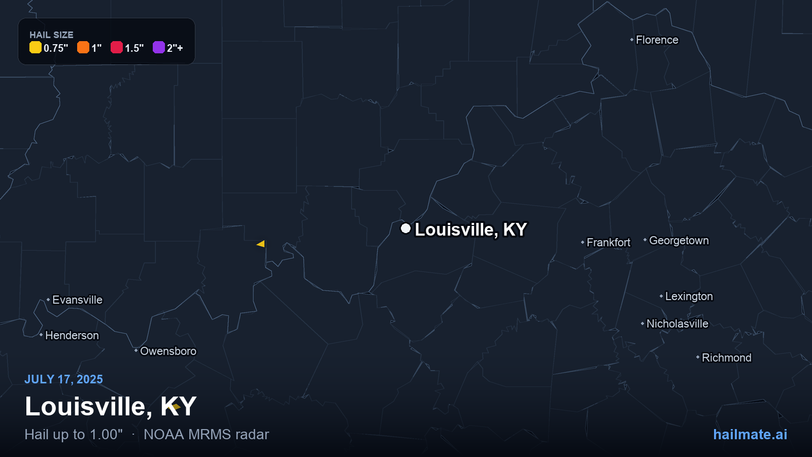 Hail swath map for Louisville, KY on July 17, 2025 showing 1.00 inch hail.