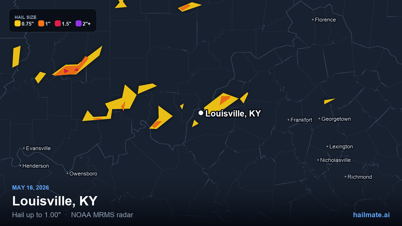 Hail swath map for Louisville, KY on May 16, 2026 showing 1.00 inch hail.