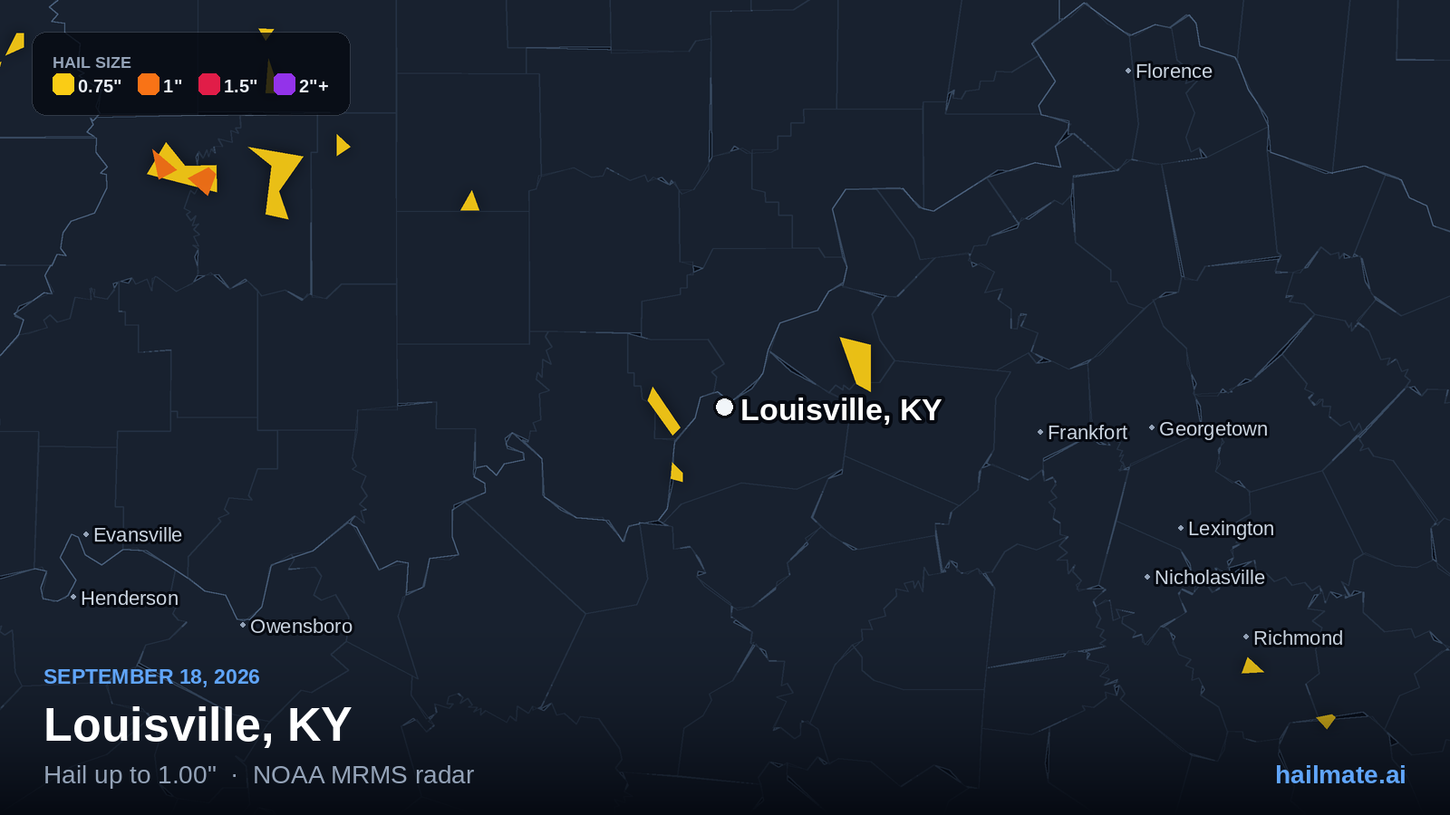 Hail swath map for Louisville, KY on September 18, 2026 showing 1.00 inch hail.