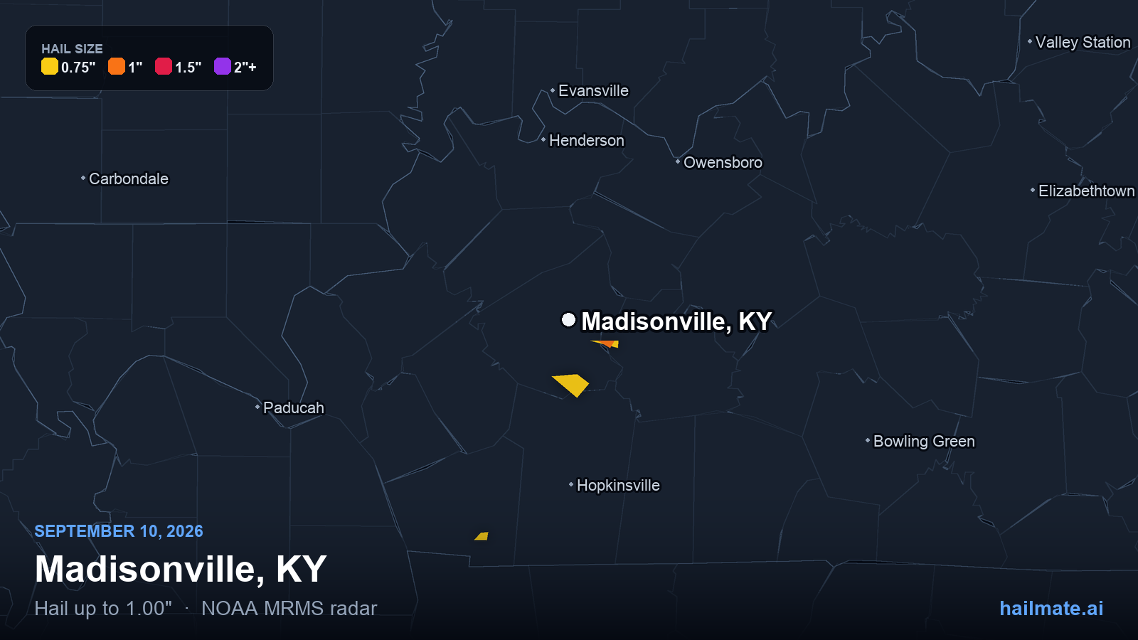 Hail swath map for Madisonville, KY on September 10, 2026 showing 1.00 inch hail.