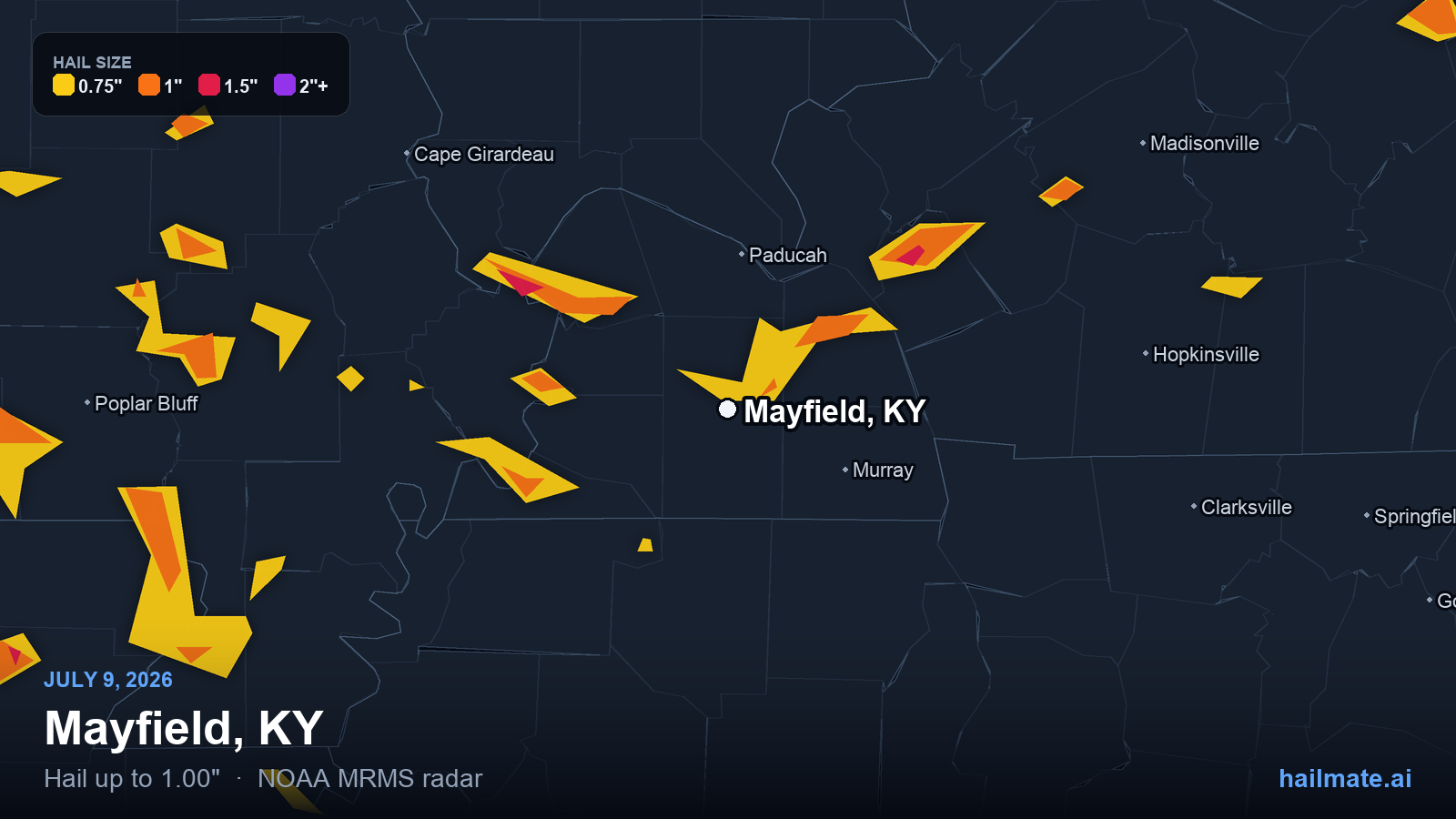Hail swath map for Mayfield, KY on July 9, 2026 showing 1.00 inch hail.
