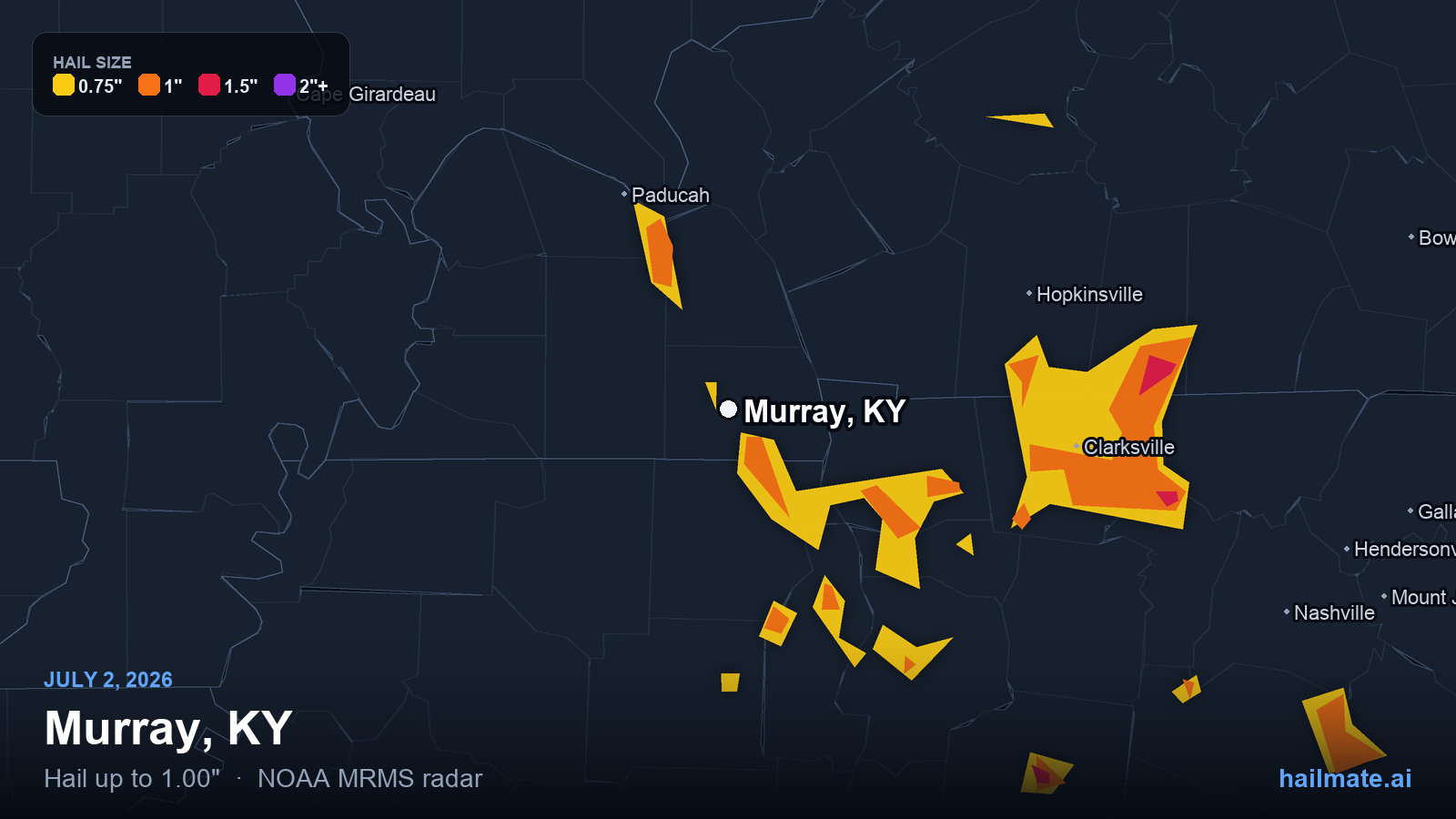 Hail swath map for Murray, KY on July 2, 2026 showing 1.00 inch hail.