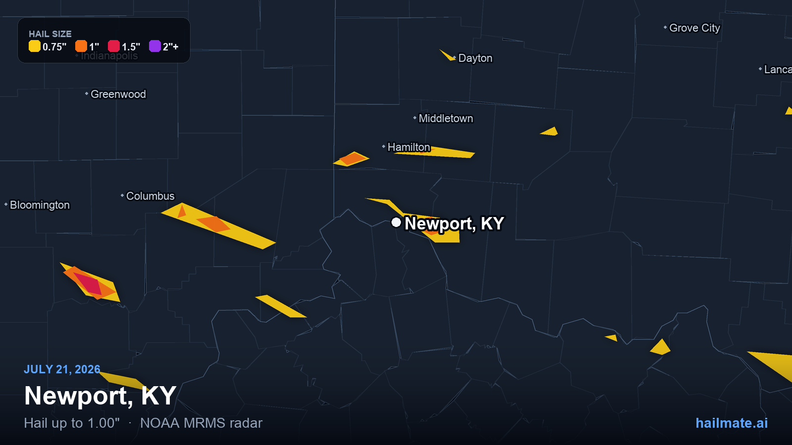 Hail swath map for Newport, KY on July 21, 2026 showing 1.00 inch hail.