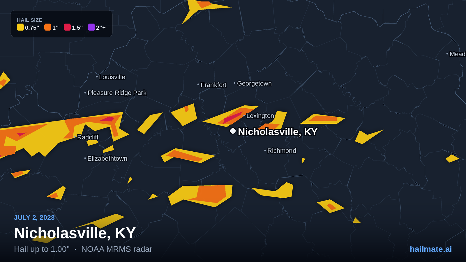 Hail swath map for Nicholasville, KY on July 2, 2023 showing 1.00 inch hail.