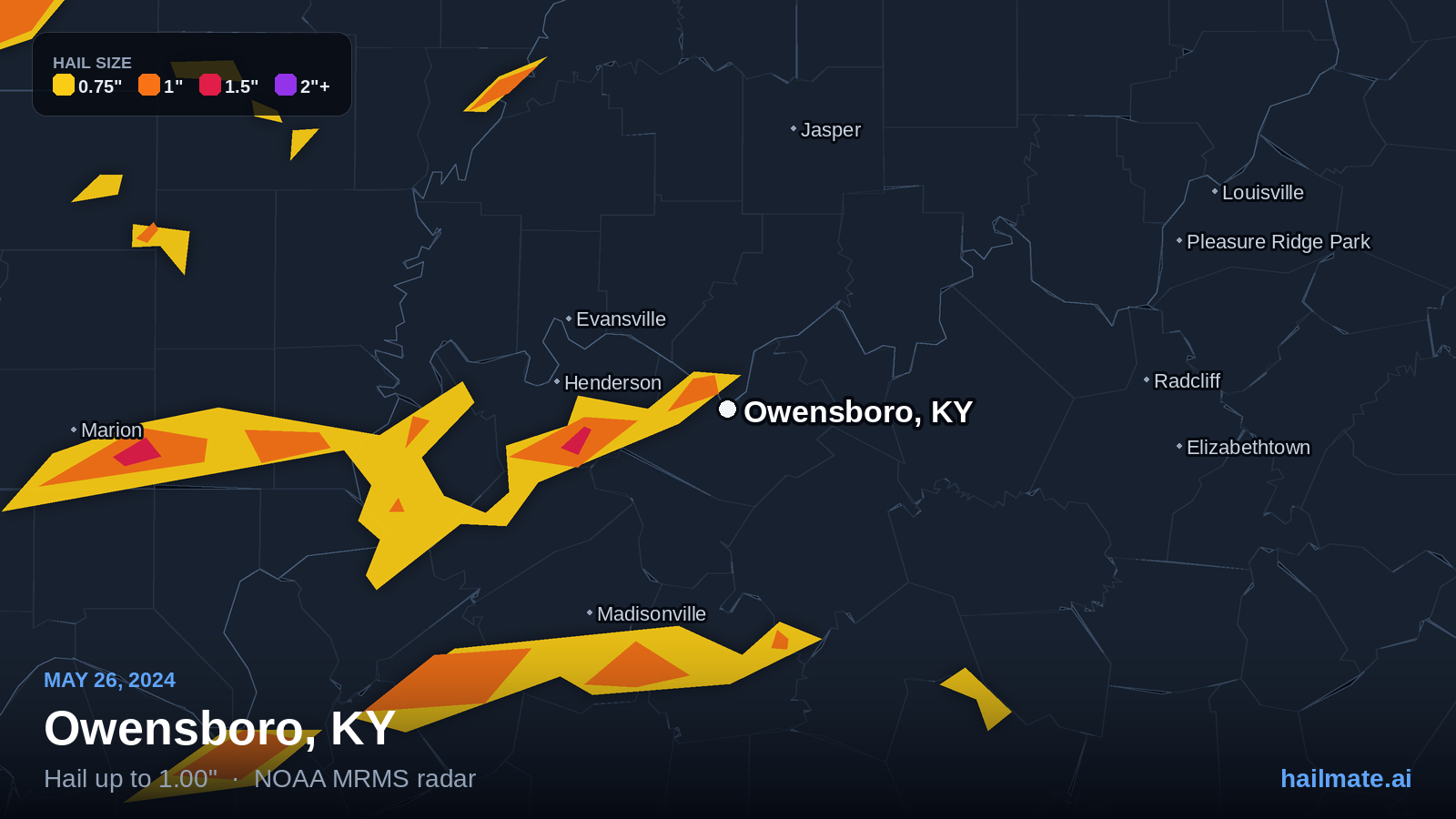Hail swath map for Owensboro, KY on May 26, 2024 showing 1.00 inch hail.