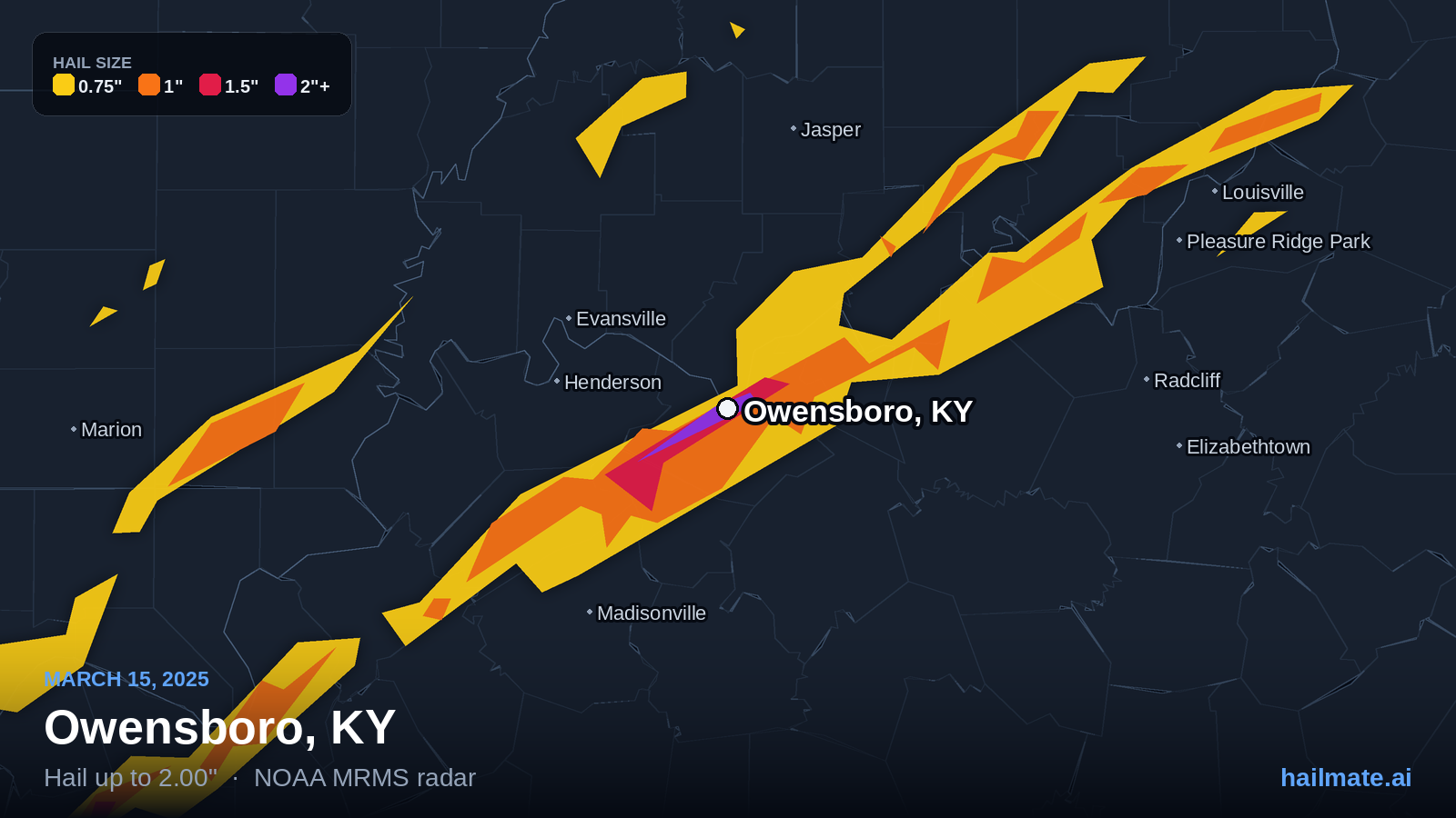 Hail swath map for Owensboro, KY on March 15, 2025 showing 2.00 inch hail.