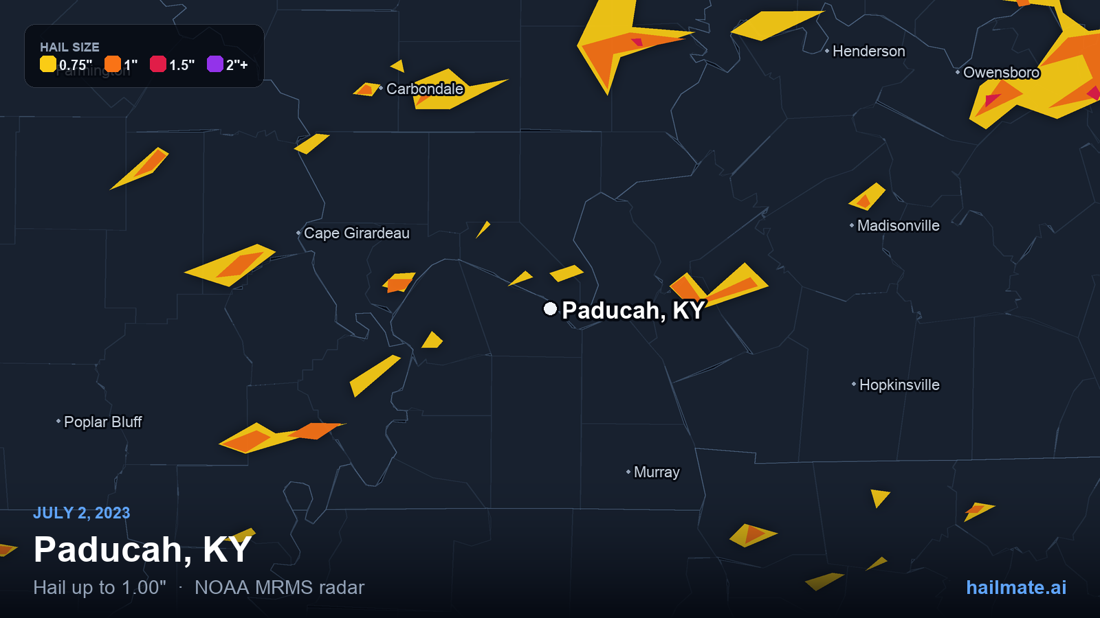 Hail swath map for Paducah, KY on July 2, 2023 showing 1.00 inch hail.