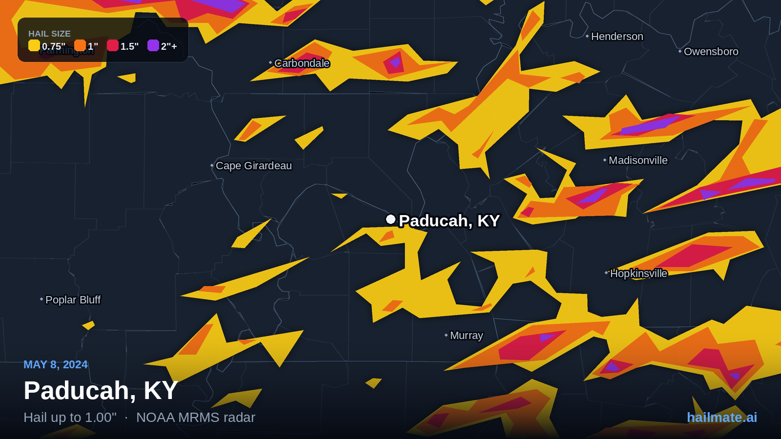 Hail swath map for Paducah, KY on May 8, 2024 showing 1.00 inch hail.