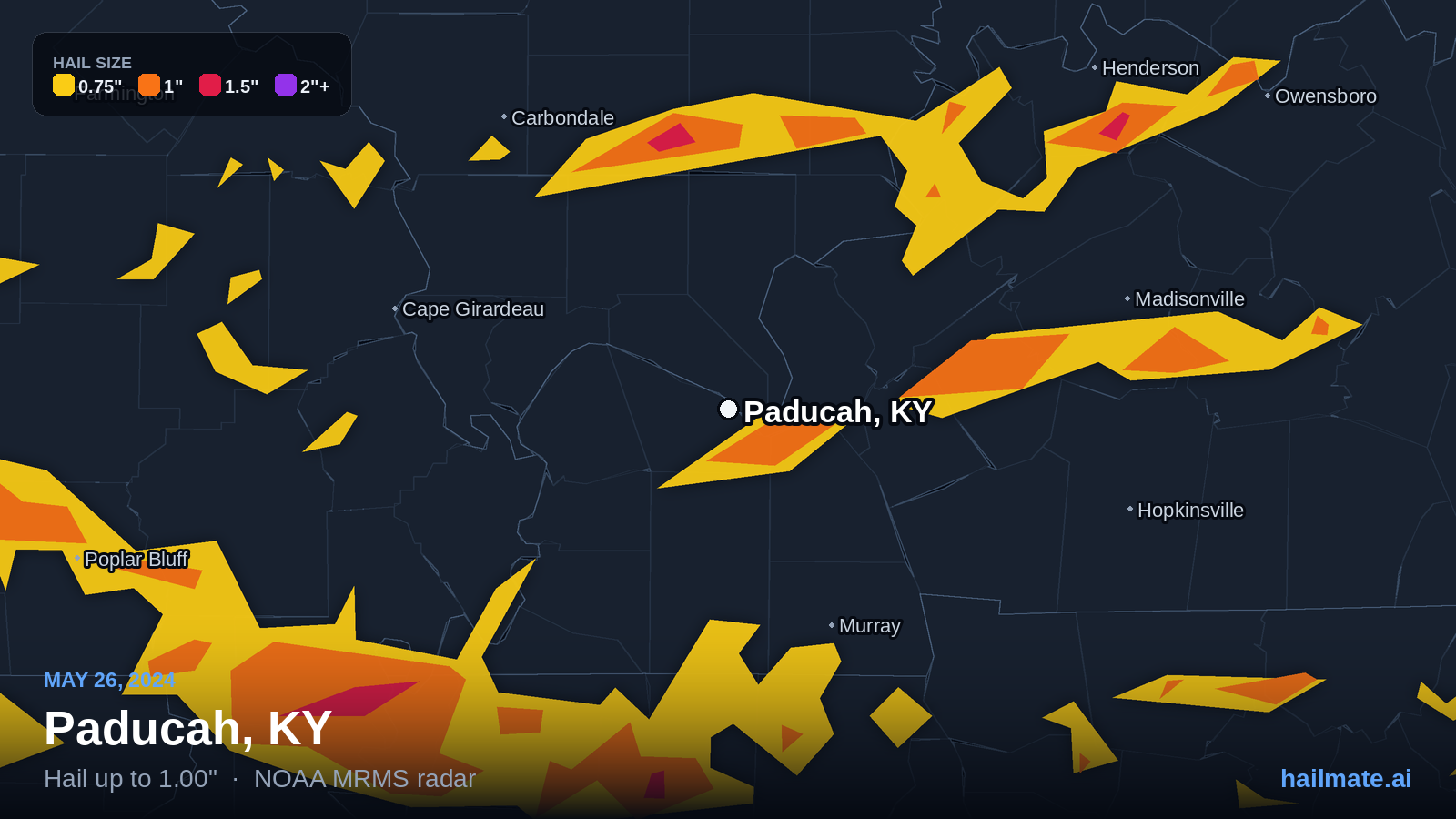 Hail swath map for Paducah, KY on May 26, 2024 showing 1.00 inch hail.