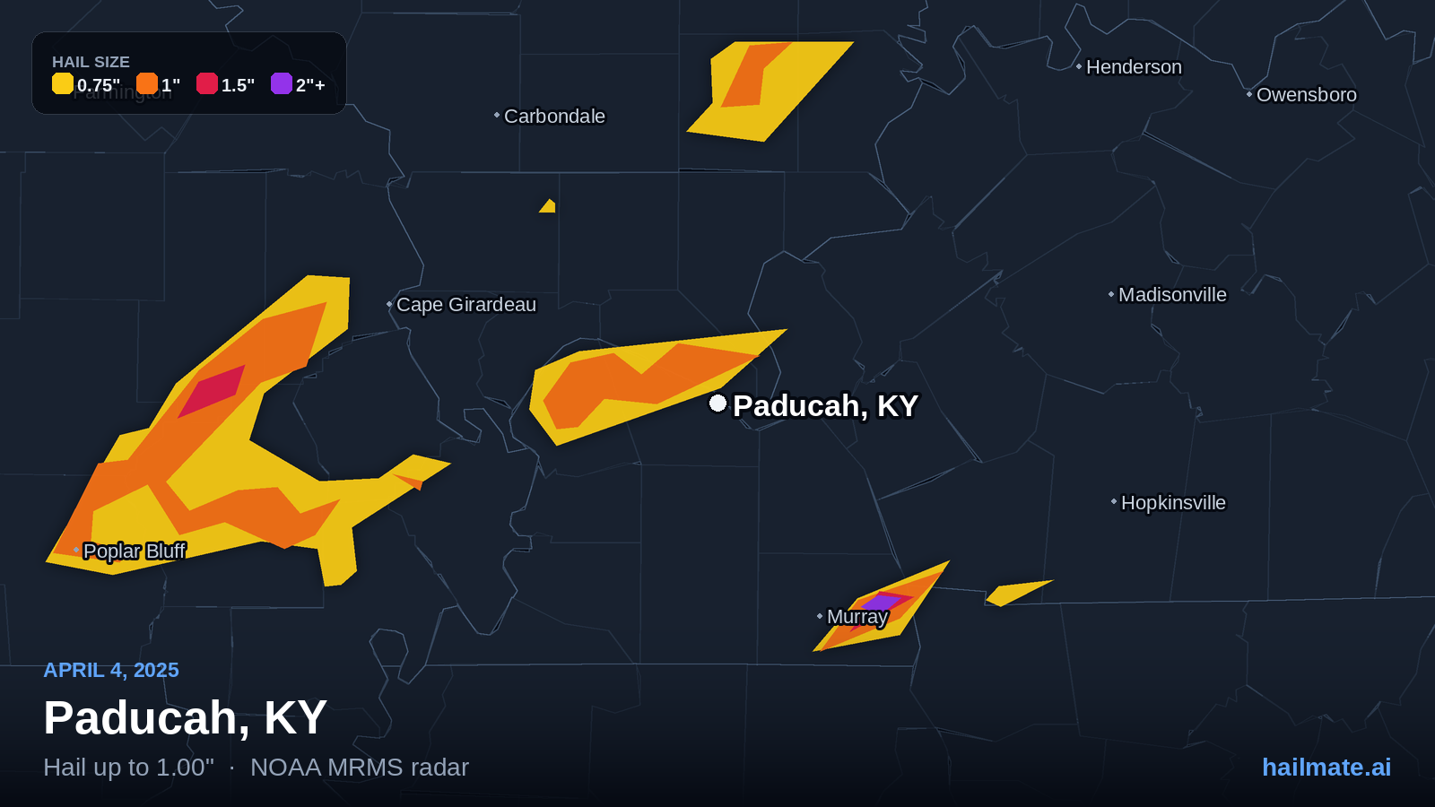 Hail swath map for Paducah, KY on April 4, 2025 showing 1.00 inch hail.