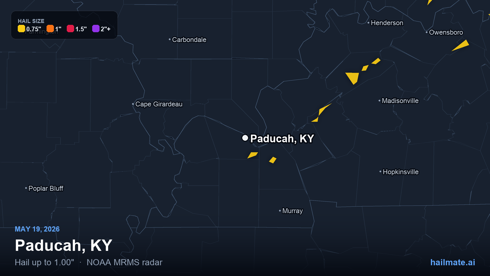 Hail swath map for Paducah, KY on May 19, 2026 showing 1.00 inch hail.