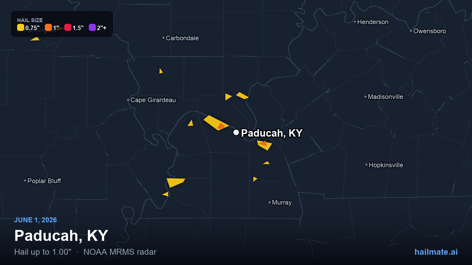 Hail swath map for Paducah, KY on June 1, 2026 showing 1.00 inch hail.