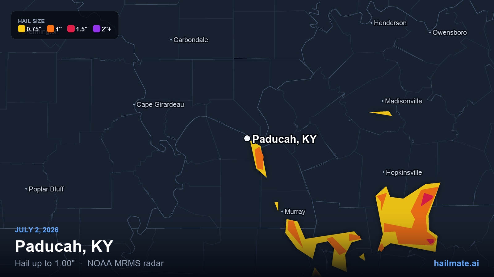 Hail swath map for Paducah, KY on July 2, 2026 showing 1.00 inch hail.